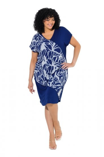 Ulla Popken 849033 Abito in chiffon a maniche corte con scollo a V Blu scuro - Abiti - Vestiti per tutte le taglie