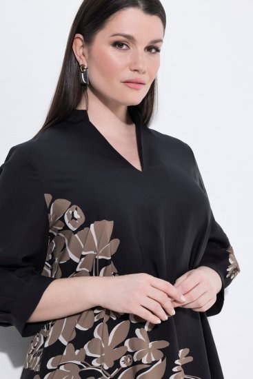 Ulla Popken 849423 Abito a fiori con maniche a 3/4 Nero - Vestiti maxi - Abiti maxi taglie forti