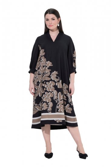 Ulla Popken 849423 Abito a fiori con maniche a 3/4 Nero - Vestiti maxi - Abiti maxi taglie forti