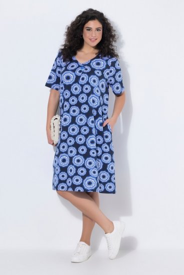 Ulla Popken 850121 Abito in jersey a maniche corte con scollo a V Blu - Abiti in jersey - 