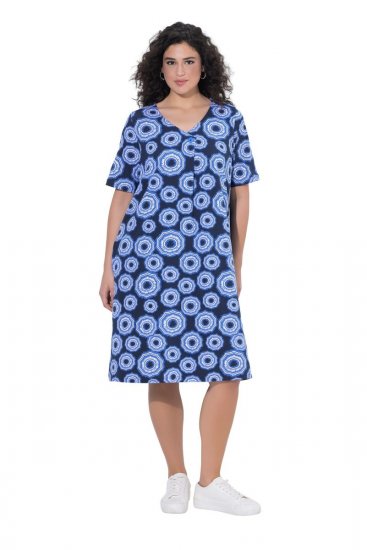 Ulla Popken 850121 Abito in jersey a maniche corte con scollo a V Blu - Abiti in jersey - 