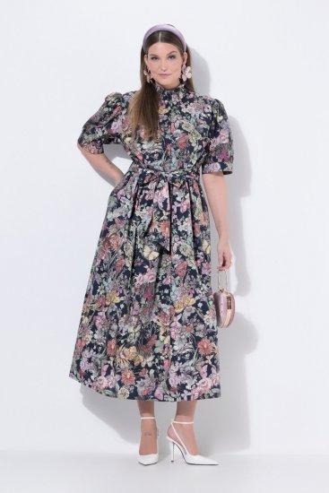 Ulla Popken 850298 Abito chemisier a fiori Blu scuro - Vestiti maxi - Abiti maxi taglie forti