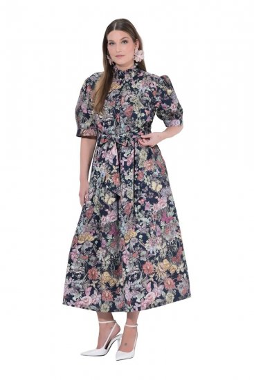 Ulla Popken 850298 Abito chemisier a fiori Blu scuro - Vestiti maxi - Abiti maxi taglie forti