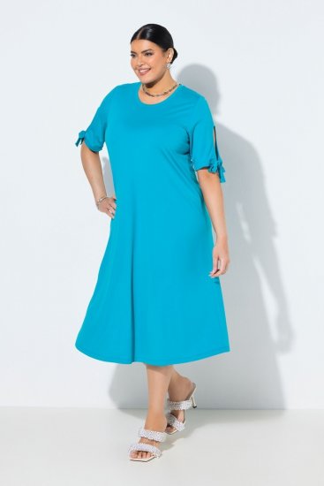 Ulla Popken 850724 Abito midi a maniche corte con cintura da annodare Turchese - Vestiti midi - Abiti midi taglie comode