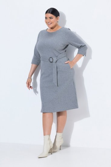 Ulla Popken 851666 Abito midi a righe con maniche a 3/4 Grigio melange - Vestiti midi - Abiti midi taglie comode