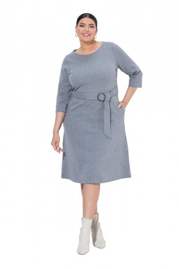 Ulla Popken 851666 Abito midi a righe con maniche a 3/4 Grigio melange - Vestiti midi - Abiti midi taglie comode