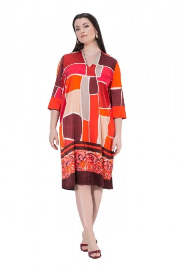 Ulla Popken 852024 Abito midi svasato con maniche a 3/4 Rosa - Vestiti midi - Abiti midi taglie comode
