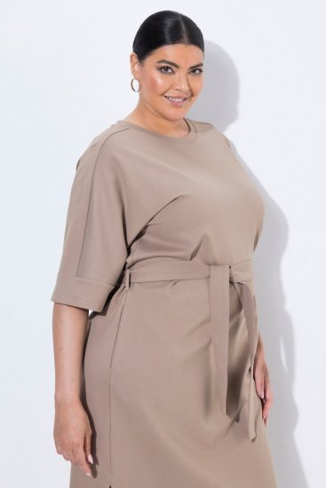 Ulla Popken 852288 Abito midi a maniche corte con cintura da annodare Marrone chiaro - Vestiti midi - Abiti midi taglie comode