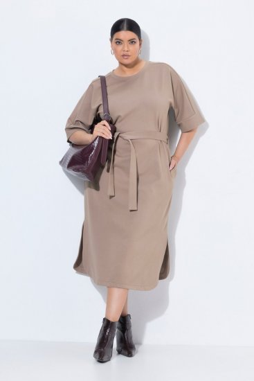Ulla Popken 852288 Abito midi a maniche corte con cintura da annodare Marrone chiaro - Vestiti midi - Abiti midi taglie comode