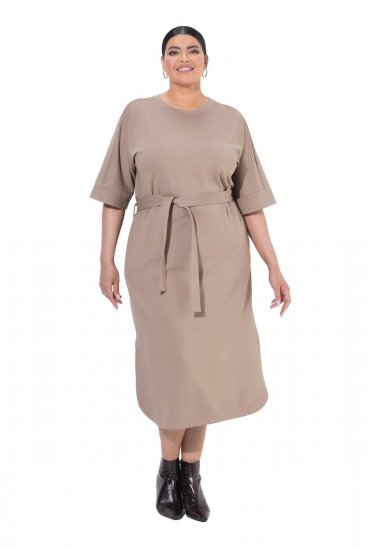 Ulla Popken 852288 Abito midi a maniche corte con cintura da annodare Marrone chiaro - Vestiti midi - Abiti midi taglie comode