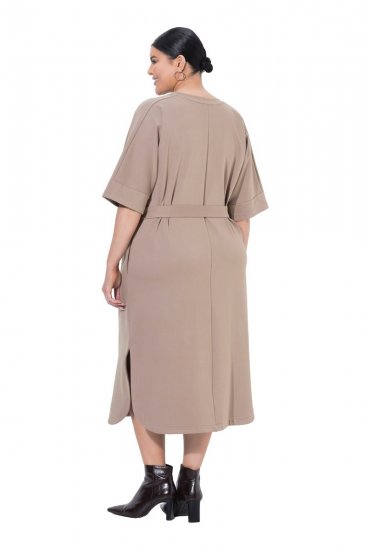 Ulla Popken 852288 Abito midi a maniche corte con cintura da annodare Marrone chiaro - Vestiti midi - Abiti midi taglie comode