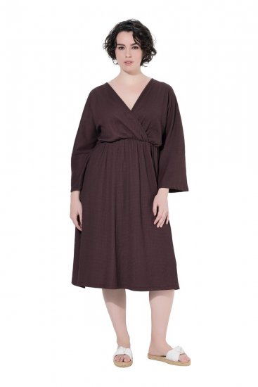 Ulla Popken 852307 Abito a portafoglio a maniche lunghe Marrone mogano - Vestiti midi - Abiti midi taglie comode