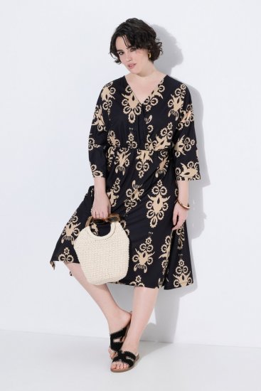 Ulla Popken 852315 Abito a portafoglio fantasia Nero - Vestiti midi - Abiti midi taglie comode