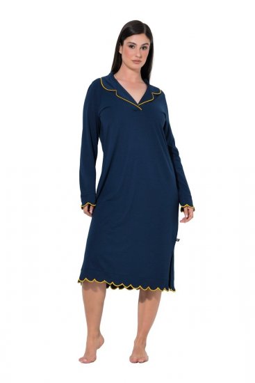 Ulla Popken 852526 Camicia da notte con collo a camicia Blu scuro - Camicie da notte - 