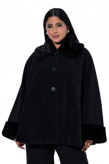 Ulla Popken 852644 Giacca a mantella con bordo in pelliccia sintetica Nero - Poncho e mantelle - 