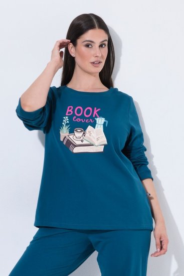 Ulla Popken 852710 Maglione da casa a maniche lunghe Petrolio - Pigiami/Loungewear - 
