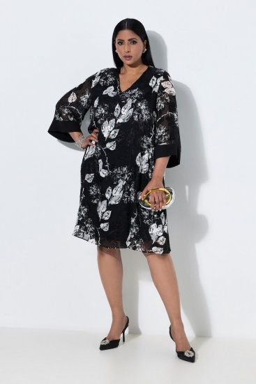 Ulla Popken 852959 Abito a fiori con maniche a 3/4 Nero - Vestiti midi - Abiti midi taglie comode