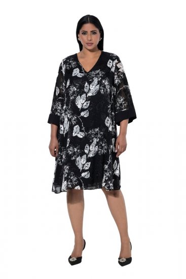 Ulla Popken 852959 Abito a fiori con maniche a 3/4 Nero - Vestiti midi - Abiti midi taglie comode