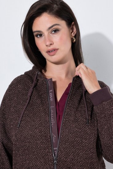 Ulla Popken 853577 Giacca in pile di maglia con cappuccio e stampa Marrone mogano - Abbigliamento in pile - 