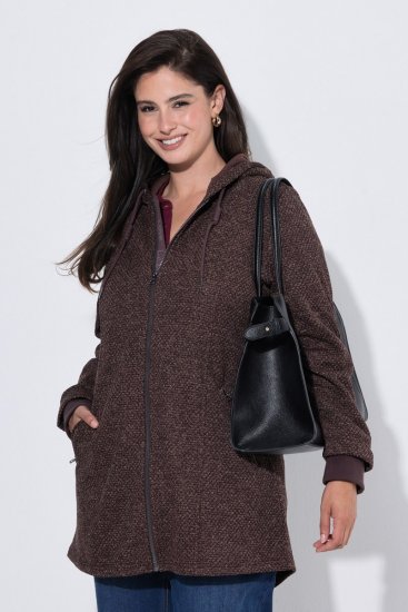 Ulla Popken 853577 Giacca in pile di maglia con cappuccio e stampa Marrone mogano - Abbigliamento in pile - 