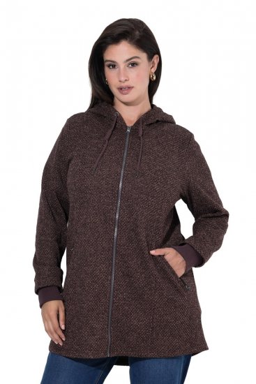 Ulla Popken 853577 Giacca in pile di maglia con cappuccio e stampa Marrone mogano - Abbigliamento in pile - 