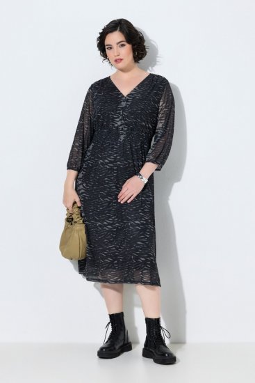 Ulla Popken 853620 Abito midi animalier con maniche a 3/4 Nero - Vestiti midi - Abiti midi taglie comode