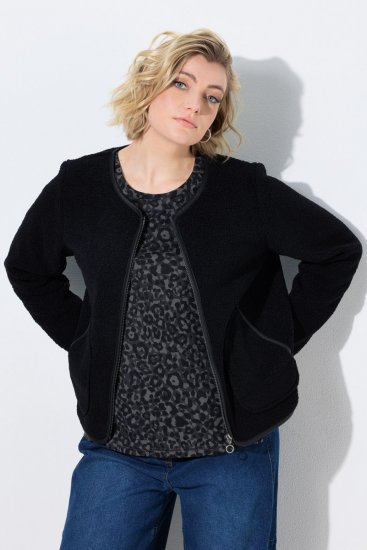 Ulla Popken 853685 Giacca corta in teddy con profili effetto pelle Nero - Giacche - Giacche taglie forti da donna