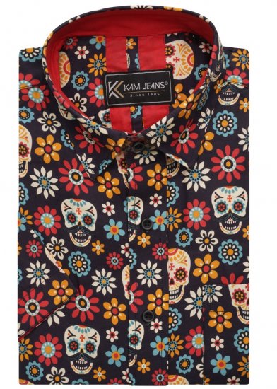 Kam Jeans 6040 Floral Skull Print Shirt Black - Camicie - Camicie Taglie Forti Uomo