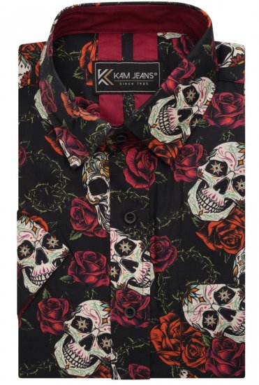 Kam Jeans 6042 Rose Skull Digital Print Shirt Black - Camicie - Camicie Taglie Forti Uomo