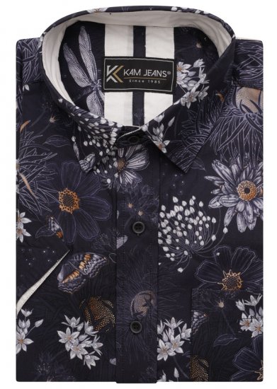 Kam Jeans 6045 Dragonfly Digital Print Short Sleeve Shirt Navy - Camicie - Camicie Taglie Forti Uomo