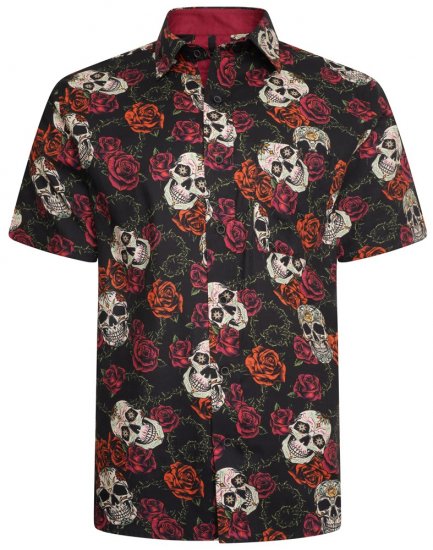 Kam Jeans 6042 Rose Skull Digital Print Shirt Black - Camicie - Camicie Taglie Forti Uomo