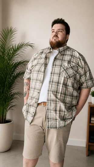 Kam Jeans 6339 Checked Short Sleeve Shirt Beige - Camicie - Camicie Taglie Forti Uomo