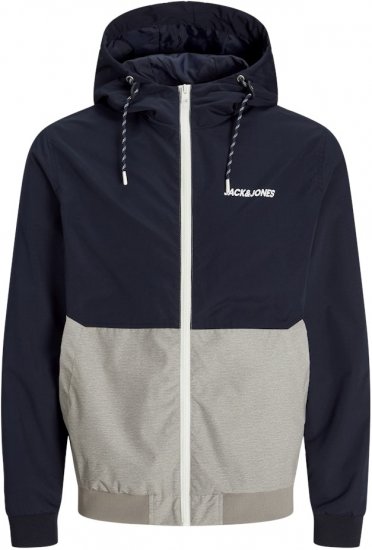 Jack & Jones RUSH White/Grey Blocking Bomber Jacket with Hood Dark Blue - Giubbotti - Giubbotti Uomo Taglie Forti