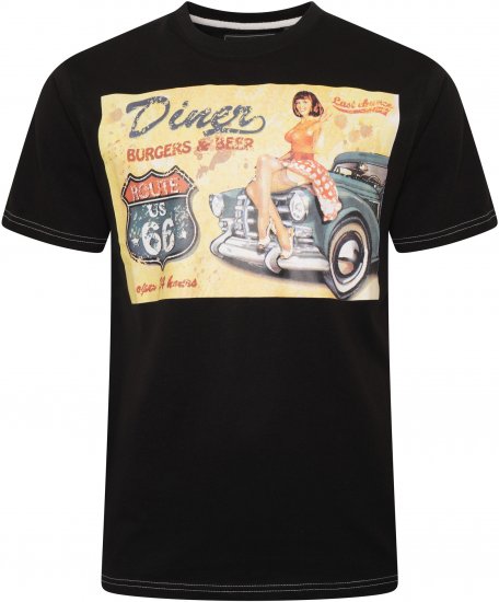 Kam Jeans 5751 Distressed Diners Print T-Shirt Black - Magliette - Magliette Uomo Taglie Forti