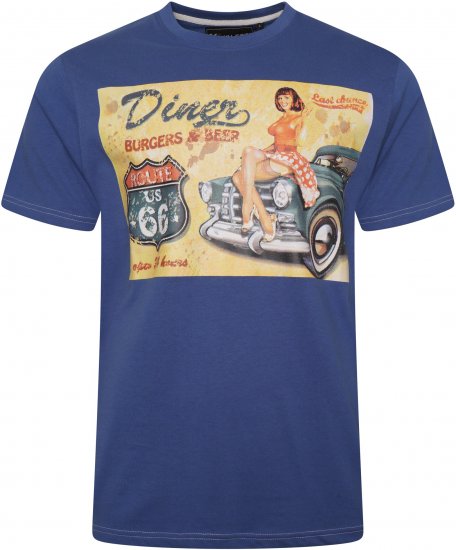Kam Jeans 5751 Distressed Diners Print T-Shirt Blue - Magliette - Magliette Uomo Taglie Forti