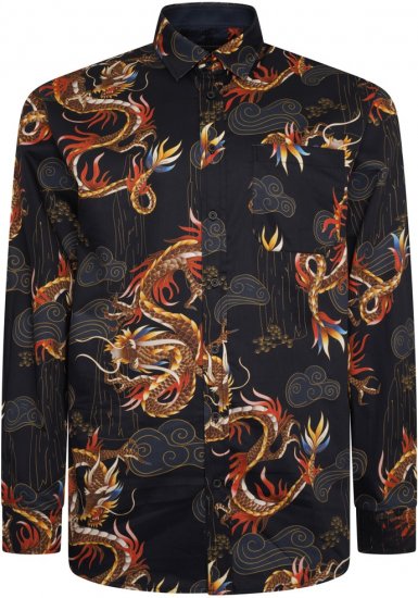 Kam Jeans 6057 LS Dragon Print Shirt Black - Camicie - Camicie Taglie Forti Uomo
