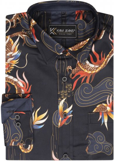 Kam Jeans 6057 LS Dragon Print Shirt Black - Camicie - Camicie Taglie Forti Uomo