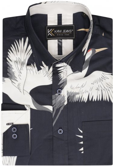 Kam Jeans 6059 LS Bird Print Shirt Navy - Camicie - Camicie Taglie Forti Uomo