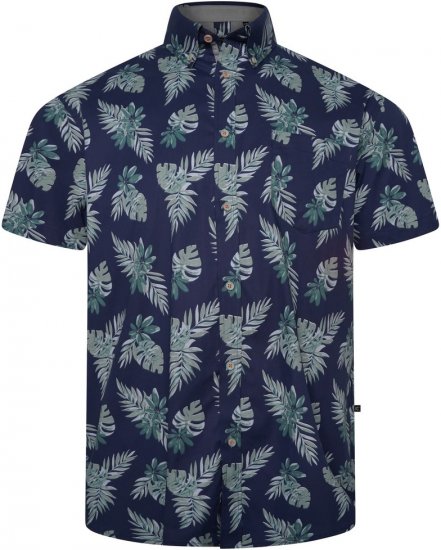 Kam Jeans 6331 AOP Leaf Print Short Sleeve Shirt Navy - Camicie - Camicie Taglie Forti Uomo