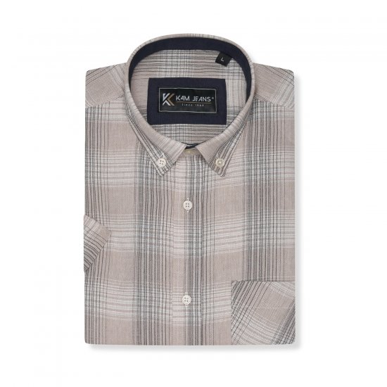 Kam Jeans 6382 Camicia a quadri testurizzata a maniche corte beige - Camicie - Camicie Taglie Forti Uomo