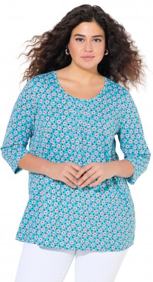 Ulla Popken Flower Print 3/4 Sleeve A-Line Tee Deep Aqua - T-shirt stampate da donna - 