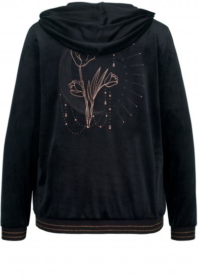 Ulla Popken Tulip Line Print Velour Zip Hoodie Black - Felpe & felpe con cappuccio - Felpe, Hoodie e Maglieria Calda