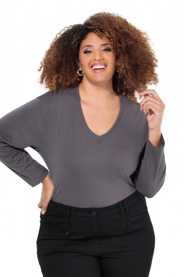 Ulla Popken Back To Basics V-Neck Relaxed Fit Cotton Tee Graphite Grey - T-shirt - T-shirt da donna taglie comode