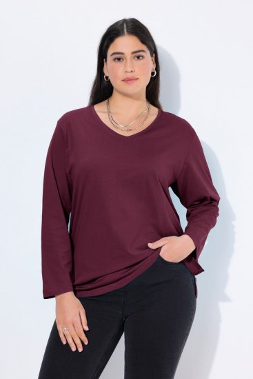 Ulla Popken Back To Basics V-Neck Relaxed Fit Cotton Tee Dark Berry - T-shirt - T-shirt da donna taglie comode