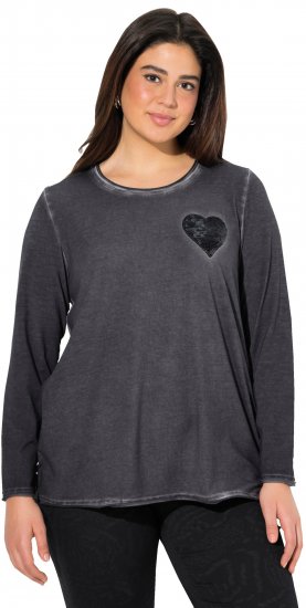 Ulla Popken Cold Dyed Sequined Heart Long Sleeve Tee Asphalt - T-shirt stampate da donna - 