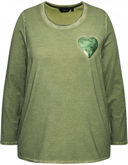 Ulla Popken Cold Dyed Sequined Heart Long Sleeve Tee Sage Green - T-shirt stampate da donna - 