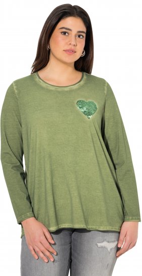 Ulla Popken Cold Dyed Sequined Heart Long Sleeve Tee Sage Green - T-shirt stampate da donna - 