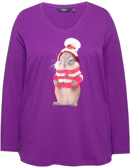 Ulla Popken Christmas Squirrel Long Sleeve Graphic Tee Dark Purple - T-shirt stampate da donna - 