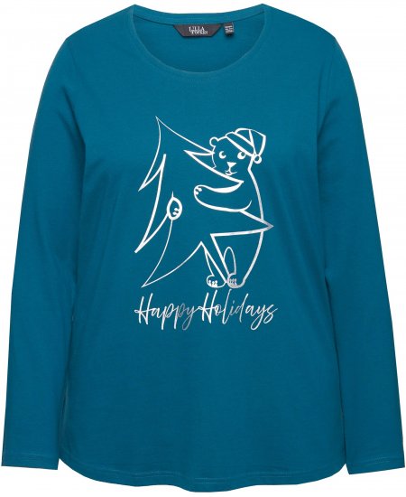 Ulla Popken Metallic Graphic Holiday Tee Teal - T-shirt stampate da donna - 
