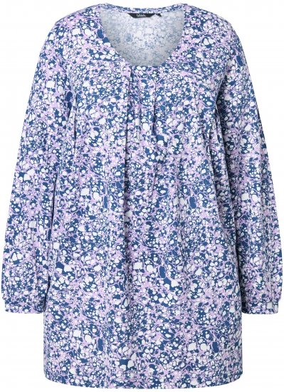 Ulla Popken Allover Printed Pleated Long Sleeve Tee Dark Blue - T-shirt stampate da donna - 
